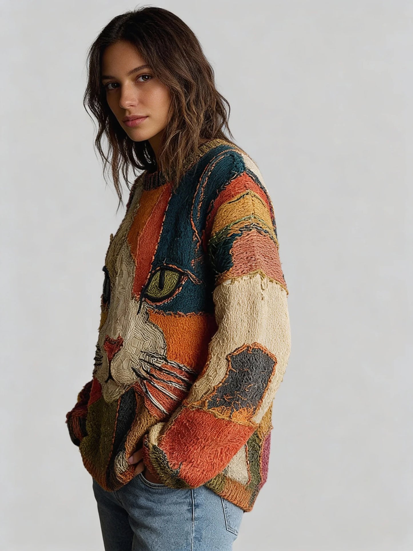 Valeria | Jersey artístico con estampado de gato | Boho chic